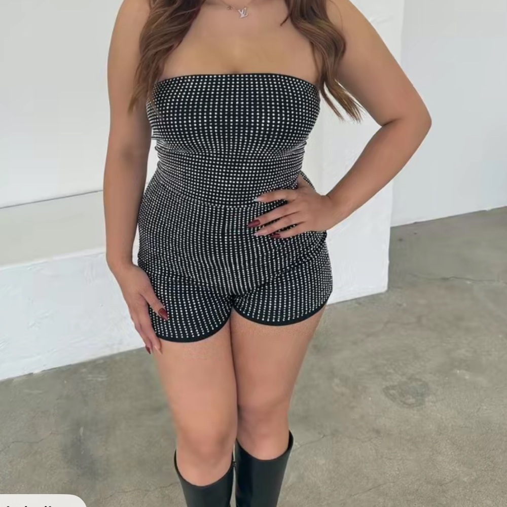 Black Strapless Rhinestone Romper